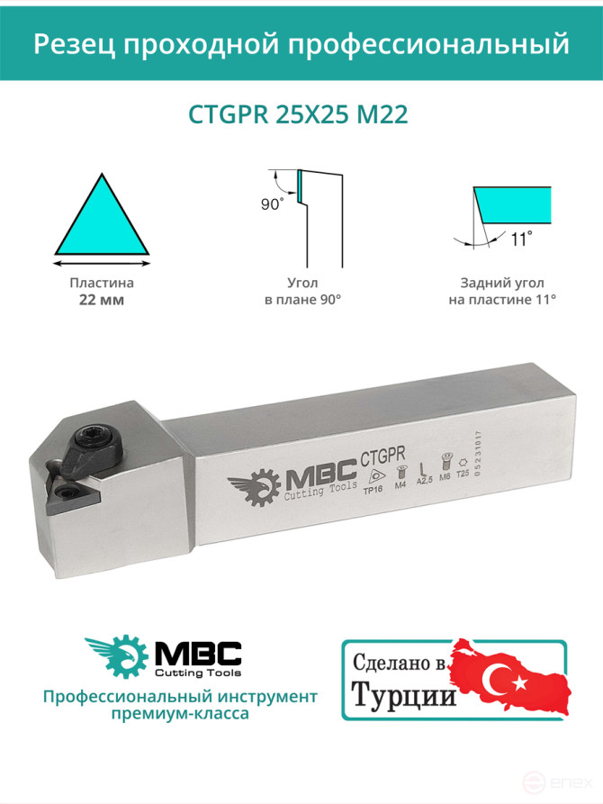 CTGPR 25X25 M22 резец токарный проходной правый 25x25 мм / пластина 22 мм, TPGN 2204**