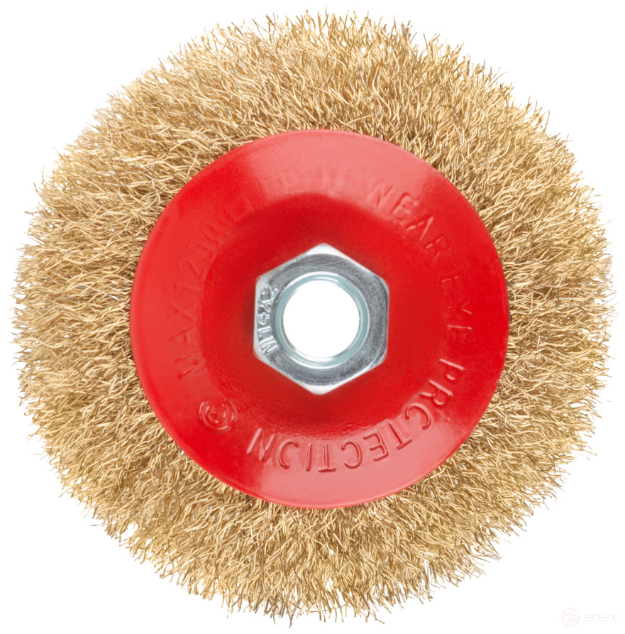 Корщетка-колесо с наклоном, гайка М14, стальная волнистая латунированная проволока 100 мм