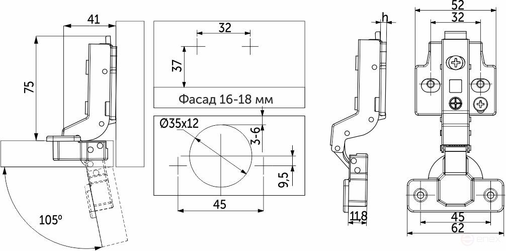 Петля внутренняя с доводчиком 45мм h0 clip-on AKS PRIME 3D (саморезы, заглушки)