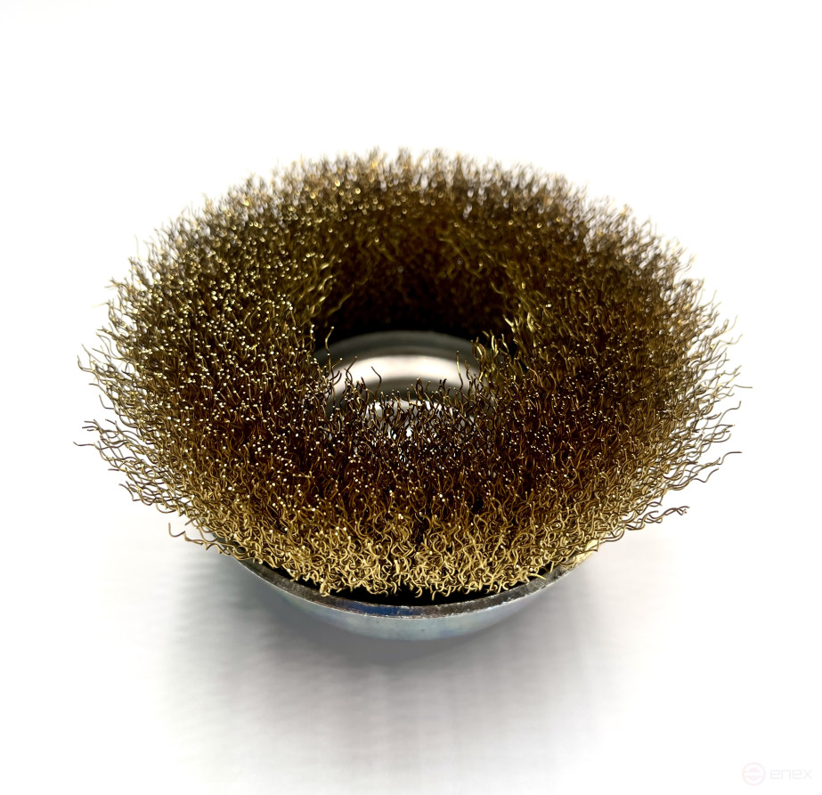 Corrugated cup brush, D125 mm, M14 fit, brass corrugated wire MES 0.30 mm