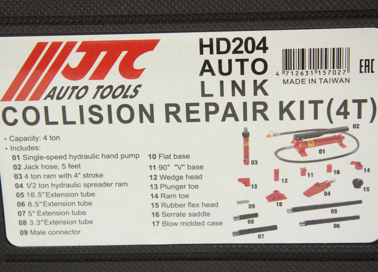 Hydraulic Bodywork Tool Kit, 4t force, 17 items in a JTC case