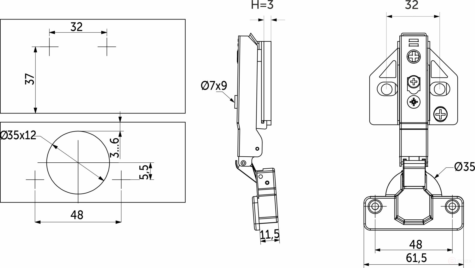 Overhead hinge with door closer 48mm h3 clip-on AKS PLUS 3D (self-tapping screws, plugs)