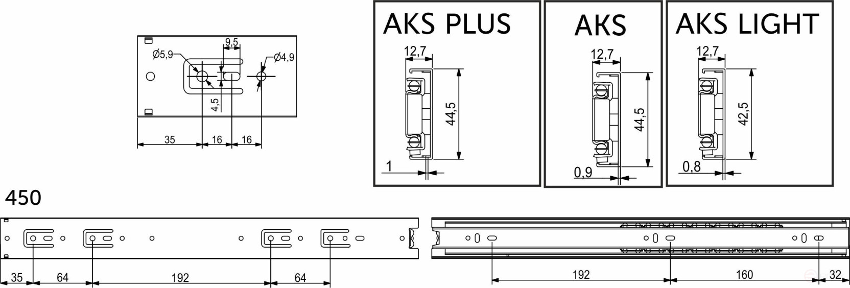 Направляющая шариковая L-450 h=45 AKS