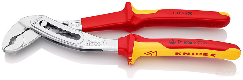 KNIPEX ALLIGATOR® adjustable pliers, VDE, 50 mm (2"), turnkey 46 mm, L-250 mm, chrome, 2-k handles