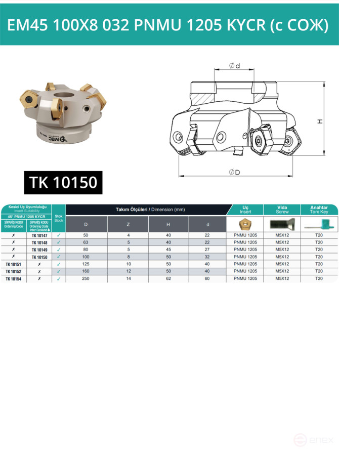 100 mm end milling cutter, 32 mm fit, 8 teeth EM45 100X8 032 PNMU 1205 KYCR (with coolant) for KYOCERA plate