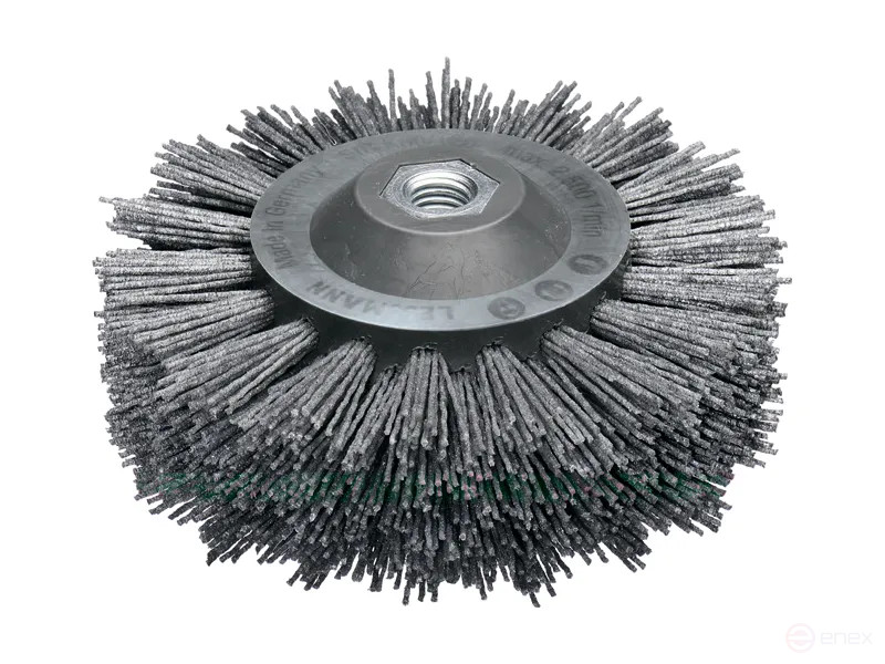 Cylindrical corrugated brush, grey plastic case PP, D140 mm, 18*7 rows, latuned corrugated wire STM 0.30 mm, height 30 mm, fit M14, maximum number of revolutions 2500, body dimensions 80*58 mm