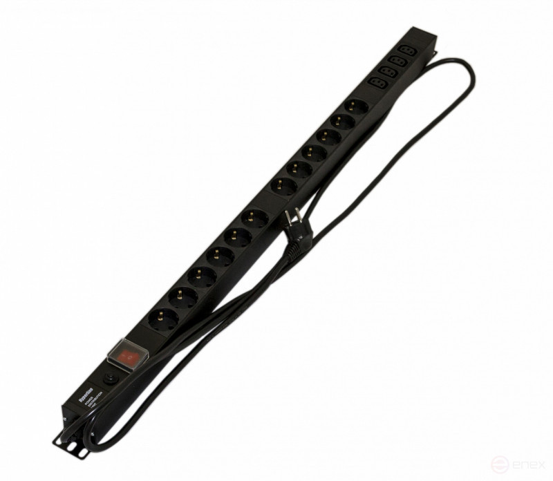 SHE-12SH-4IEC-SF-2.5EU Socket block, vertical, 12 Schuko sockets, 4 IEC320 C13 sockets, off with backlight, overvoltage protection, 2.5m (3x1.5mm2) power cable with Schuko plug 16A, 250V, 950x44.4x44.4mm (LxWxH), housing steel, black