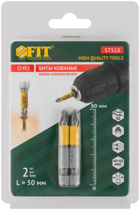 Биты кованые, сталь S2, односторонние 50 мм PZ2, Профи 2 шт., блистер