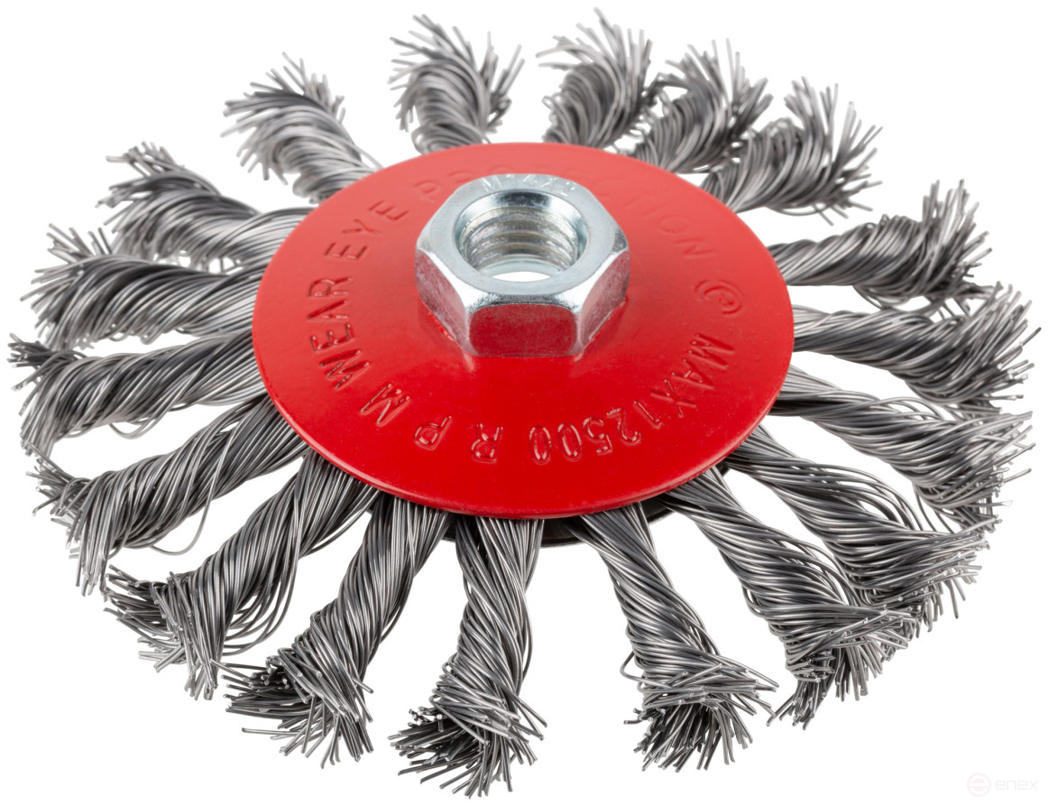 Корщетка-колесо с наклоном, гайка М14, стальная витая проволока 115 мм, блистер