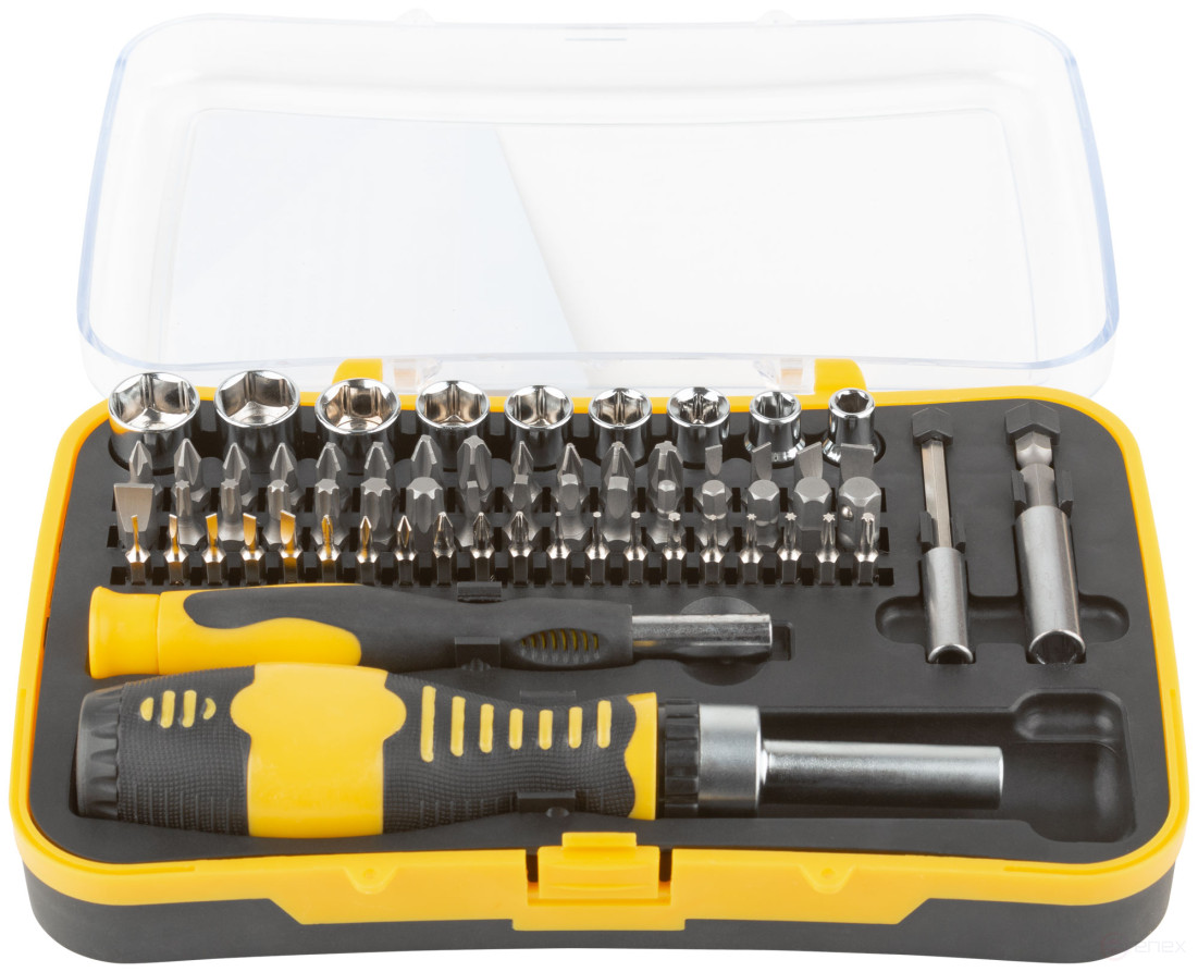 Отвертки реверсивная и для точных работ, набор 65 шт., пластиковый прорезиненный кейс