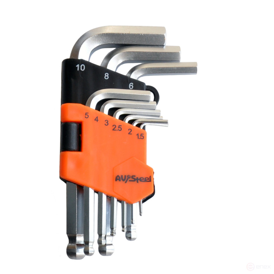 Набор ключей Г-образных HEX с шаром 1,5-10 мм AV Steel 9 предметов