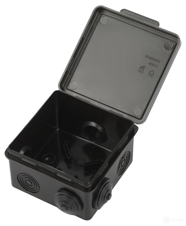 Soldering box ERA KOR-80-80-50- 7g-B open installation black 80x80x50mm with 7 vx hermetic leads. IP54