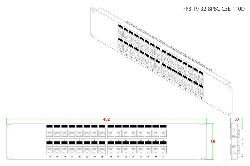 PP3-19-32- 8P8C-C5E-110D Patch Panel 19", 2U, 32 RJ-45 ports, Category 5e, Dual IDC, ROHS, Color Black