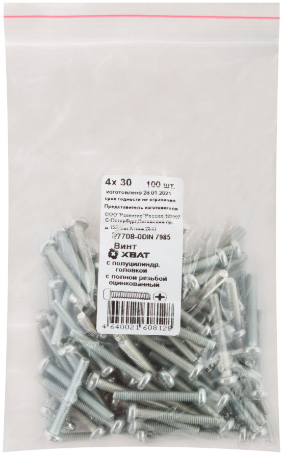 A semi-cylindrical screw. a head with a full thread of pins. DIN 7985 4x30 (packing 100 pcs)