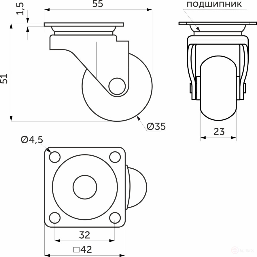 Wheel meb. CRYSTAL/1 d35 h51 with pad, transparent AKS
