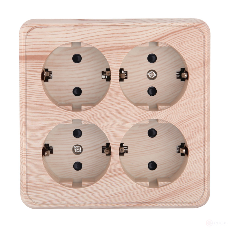 Four-place socket for an open installation with grounding contacts and protective shutters, (pine), Standard
