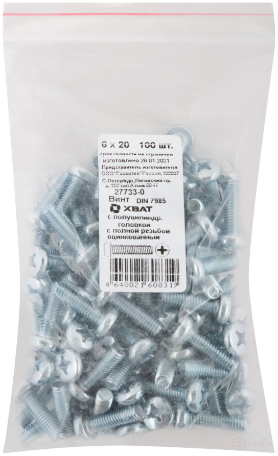 A semi-cylindrical screw. a head with a full thread of pins. DIN 7985 6x20 (packing 100 pcs)