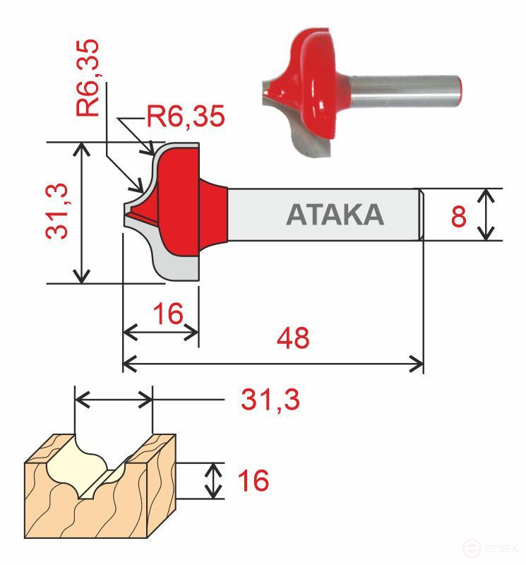 Фреза Атака пазовая фасонная D31.3/ф8/H16
