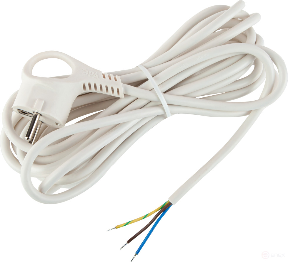 Шнур сетевой с вилкой ЭРА UX-3x0,75-5m-W с заземлением 5м ПВС 3x0,75мм2 белый