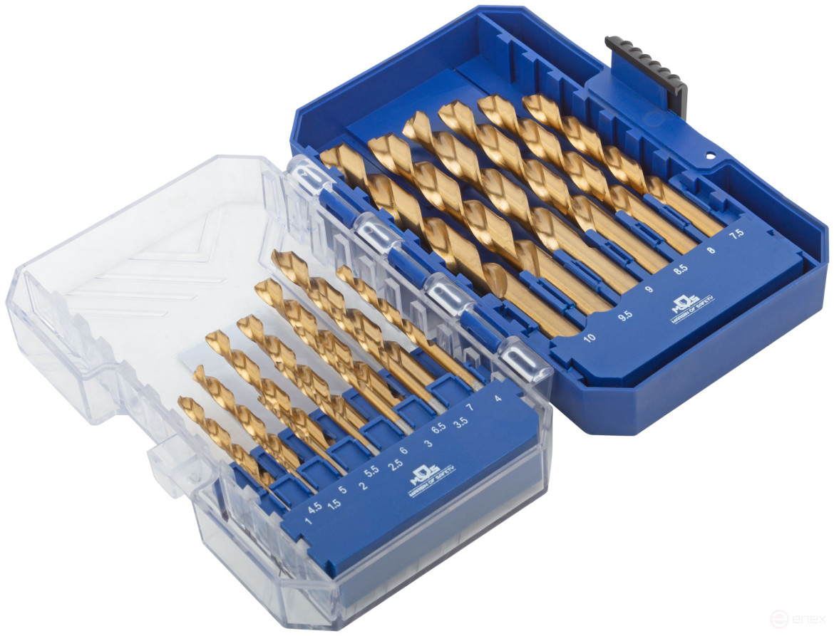 A set of HSS metal drills, ground, titanium coating, 135° sharpening angle, layer. case, 19 pcs. (1-10 mm, through 0.5 mm)