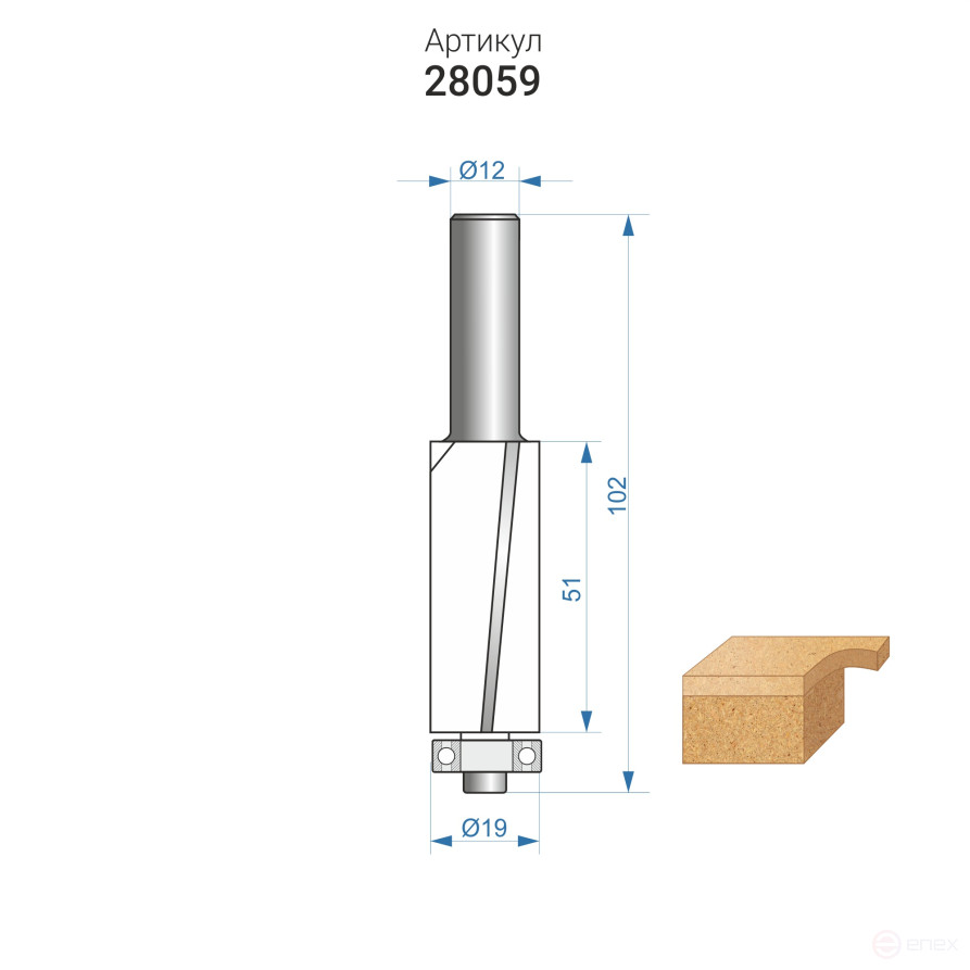 Фреза кромочная прям ф19х50,8мм хв 12мм ДСП