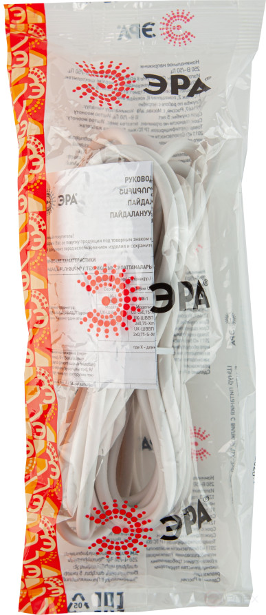 Шнур сетевой с вилкой ЭРА UX-3x0,75-5m-W с заземлением 5м ПВС 3x0,75мм2 белый