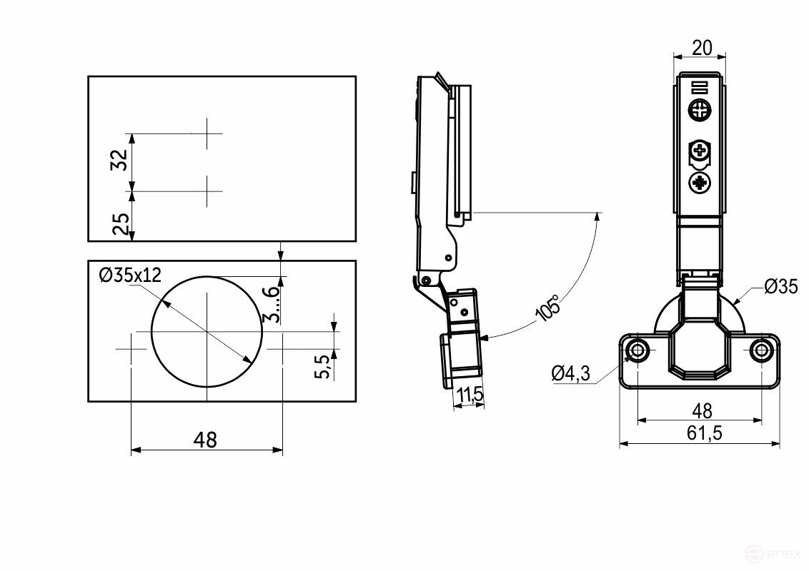 Overhead hinge with door closer 48mm h0 clip-on AKS PLUS 3D narrow (self-tapping screws, plugs)