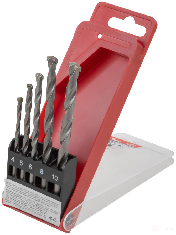 Набор сверл победитовых ударных, цилиндрический хвостовик, 5 шт. (4-5-6-8-10 мм)