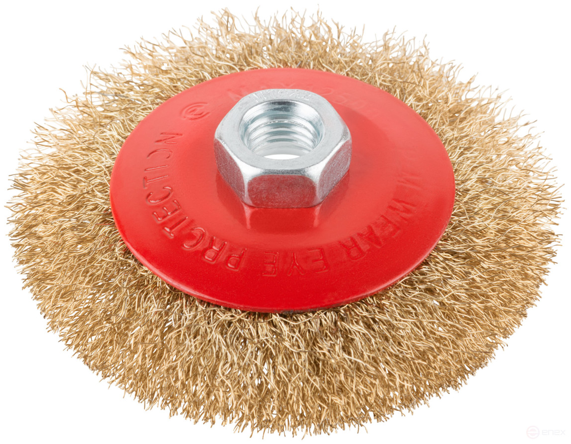 Корщетка-колесо с наклоном, гайка М14, стальная волнистая латунированная проволока 100 мм