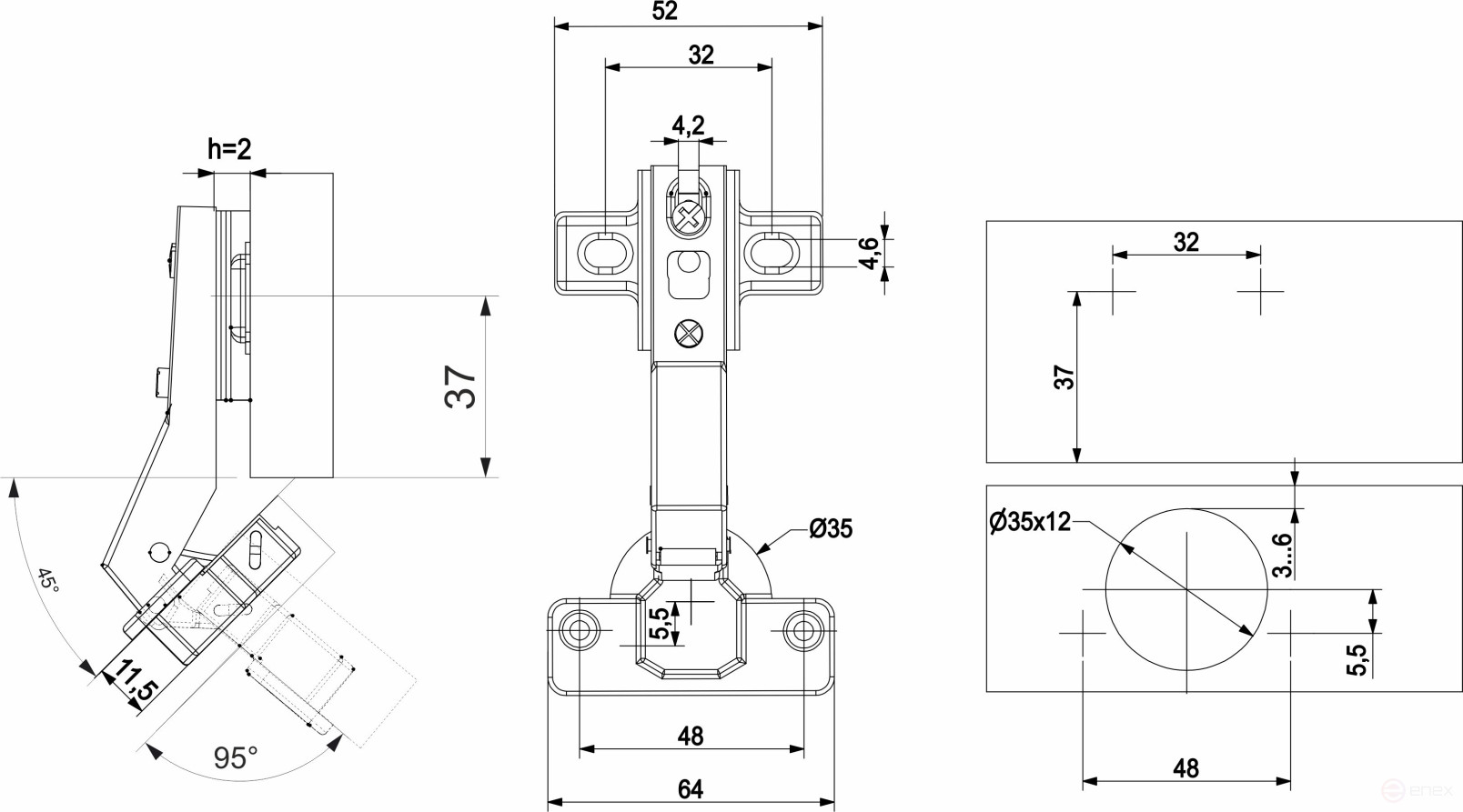 Петля угловая 45° с пружиной 48мм h2 slide-on AKS