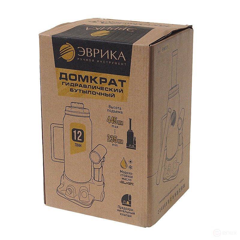 Домкрат гидравлический ER-80121 бутылочный с клапаном 12т, ремкомплект (выс. подъема 235-445мм) ЭВРИКА /1/2