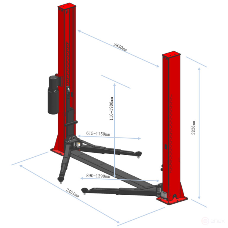 Подъемник электрогидравлический 4т 110-1900мм 2-х стоечный 220В ниж.синхрон. (руч. спуск) GTE