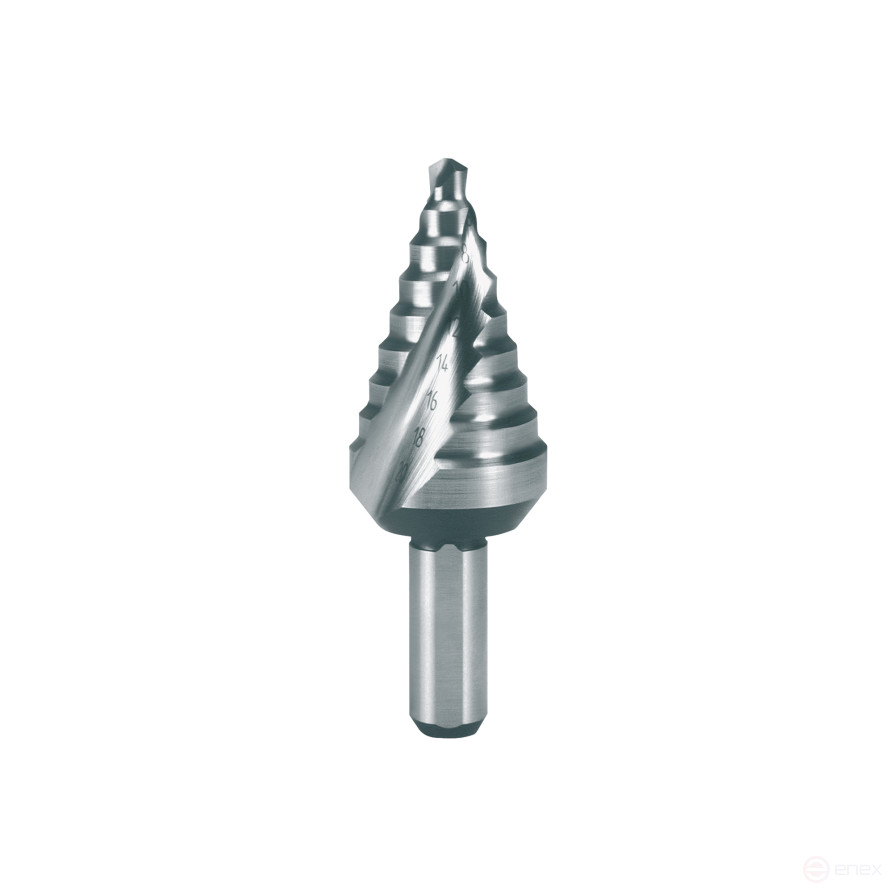 The drill is a stepped short HSS with a spiral groove and a sharpening of the tip Ø 4,0 - 20,00