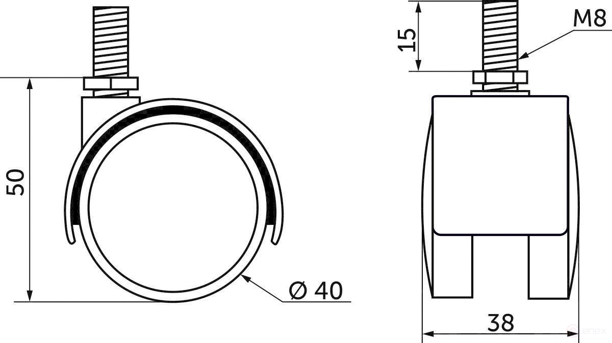 Meb. plast. d40 wheel with M8 screw, black AKS