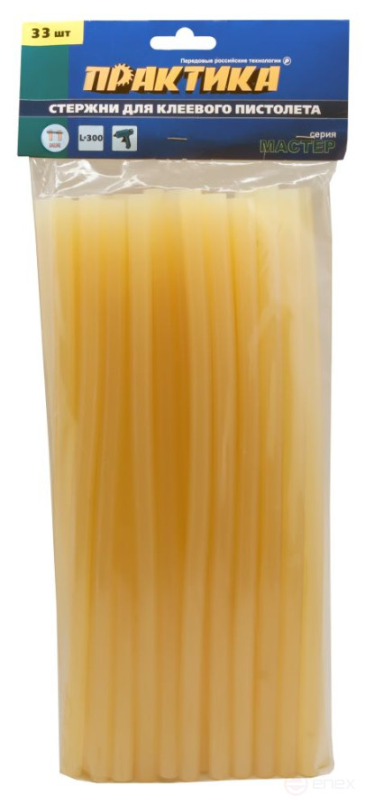 Клей для клеевого пистолета ПРАКТИКА жёлтый, прозрачный, 11 х 300 мм, 33 шт / пакет с подвесом (641-664)