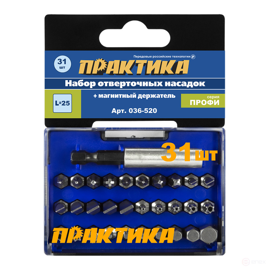 Набор бит ПРАКТИКА "Профи" 31шт PH 4шт PZ 4шт Torx 8шт SL 7шт HEX 7шт x 25мм магнитный держатель, кассета (036-520)