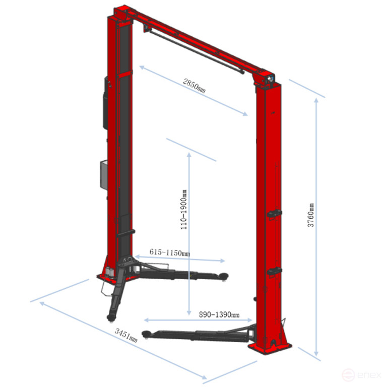 Подъемник электрогидравлический 4т 110-1900мм 2-х стоечный 220В верх.синхрон. (электр. спуск) GTE