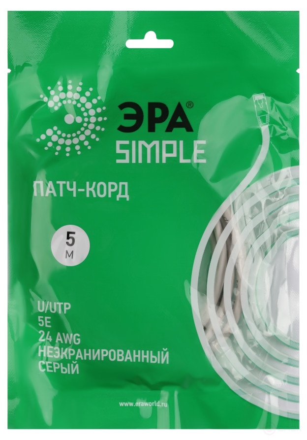 PC-5U-A Патч корд ЭРА SIMPLE U/UTP неэкранированный 5 м, категория 5e, серый
