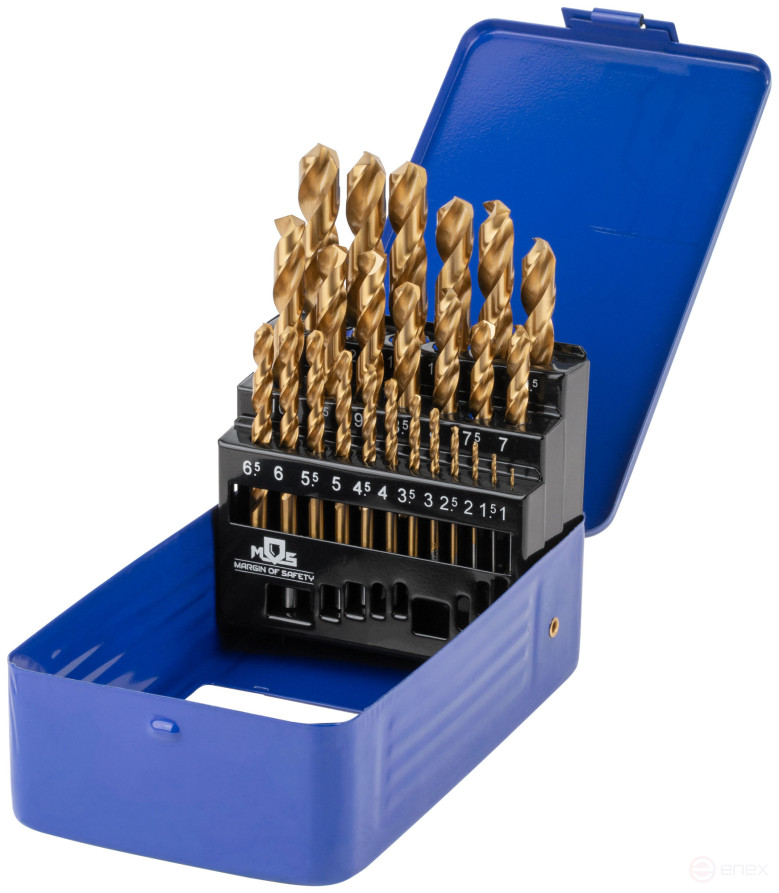 Set of HSS metal drills, ground, titanium coating, sharpening angle 135°, met.box, 25 pcs. (1-13 mm, through 0.5 mm)