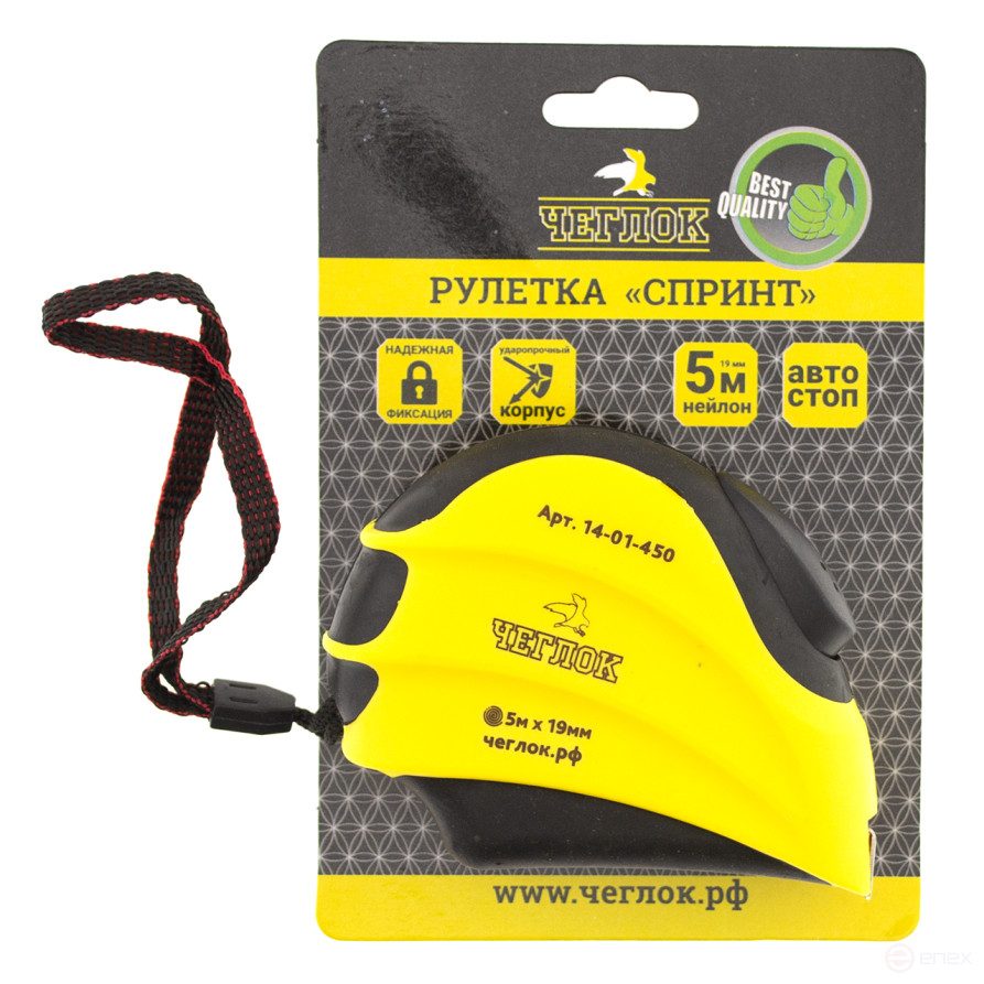 Рулетка, обрезиненный корпус, ABS пласт., серия "Спринт", автостоп, нейлон, 5м х 19мм, Чеглок