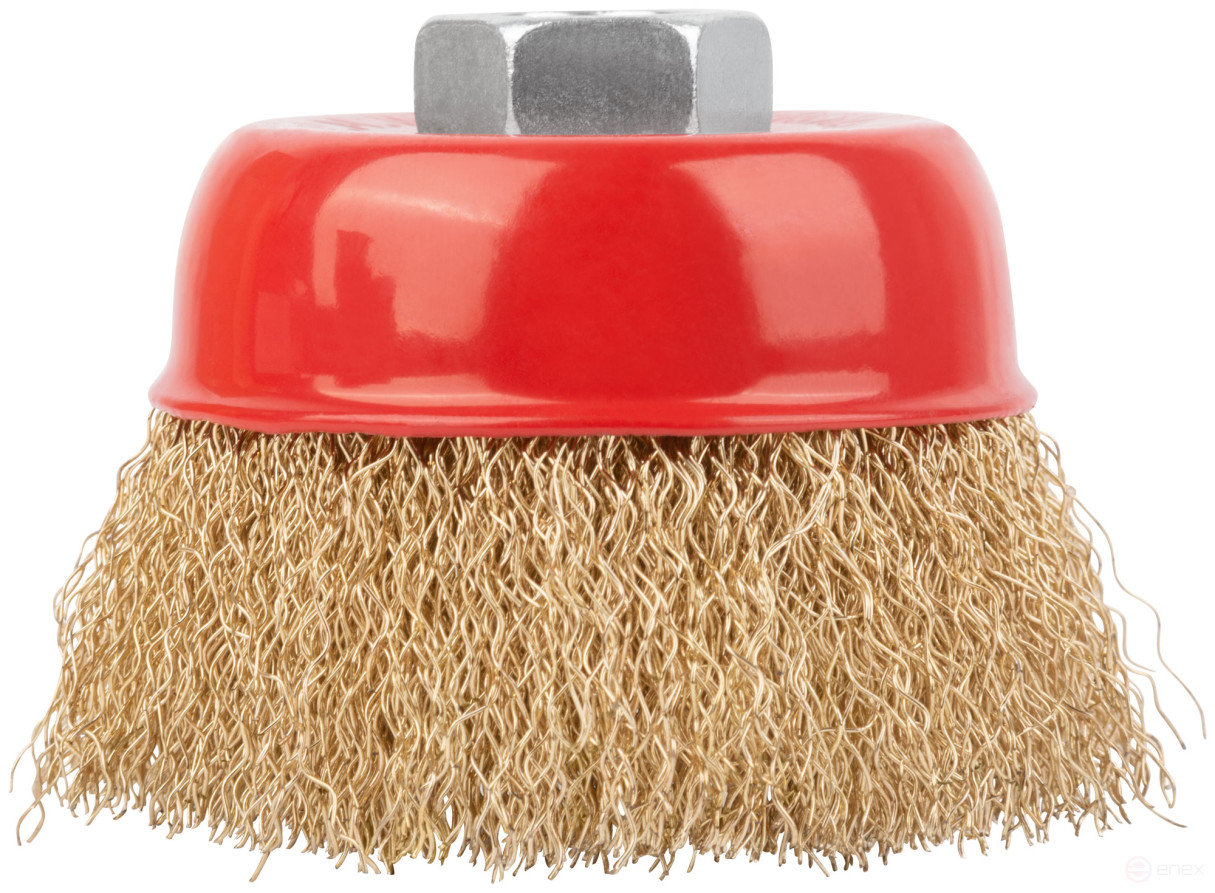 Корщетка чашечная, гайка М14, стальная латунированная волнистая проволока 75 мм