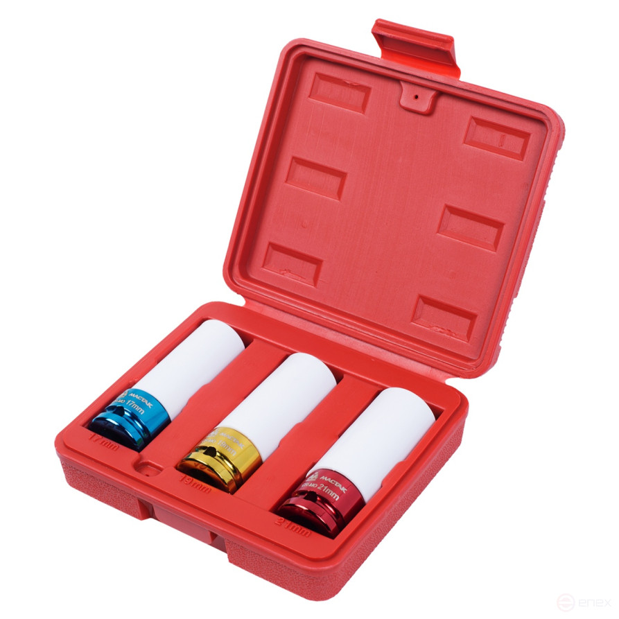 Набор ударных глубоких шестигранных головок 1/2", 17, 19, 21 мм, пластиковое покрытие, кейс, МАСТАК 006-43C