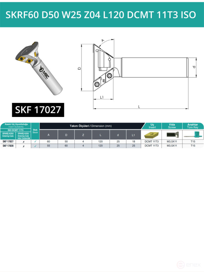 Фреза концевая пазовая D50 мм, 4 зуба SKRF60 D50 W25 Z04 L120 DCMT 11T3 ISO / пластина DC*T 11T3**