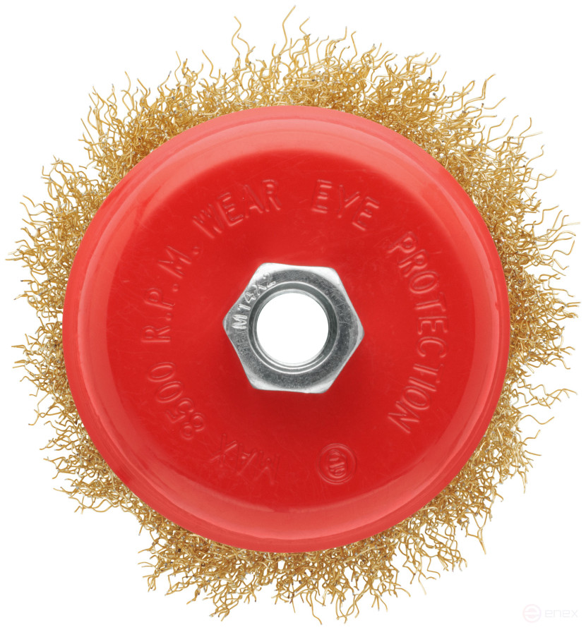 Корщетка-чашка, гайка М14, стальная латунированная волнистая проволока 100 мм, блистер