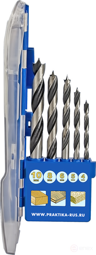 Набор сверл по дереву ПРАКТИКА "Профи", 5 шт, 4, 5, 6, 8, 10 мм, ПРО кассета (640-353)
