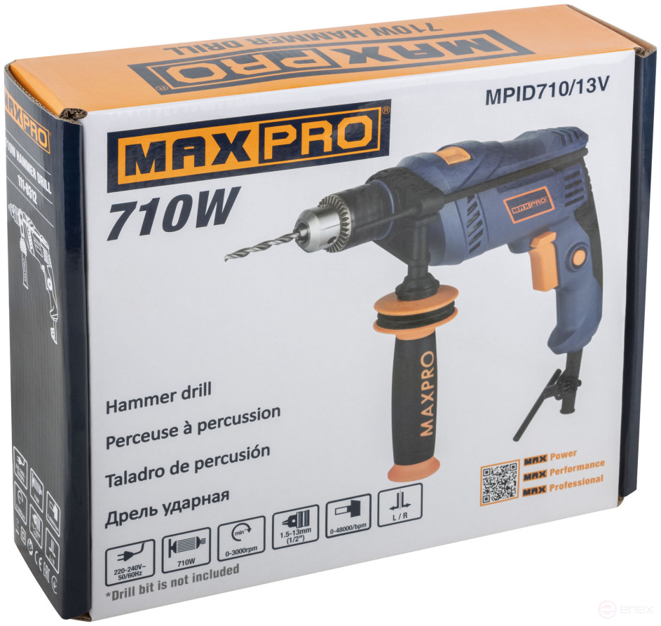 MAX-PRO Дрель ударная 710 Вт; 0-3000 об/мин; ключевой патрон 1,5-13 мм; 2 кг; антивибрационная ручка; резиновые вставки; кор.