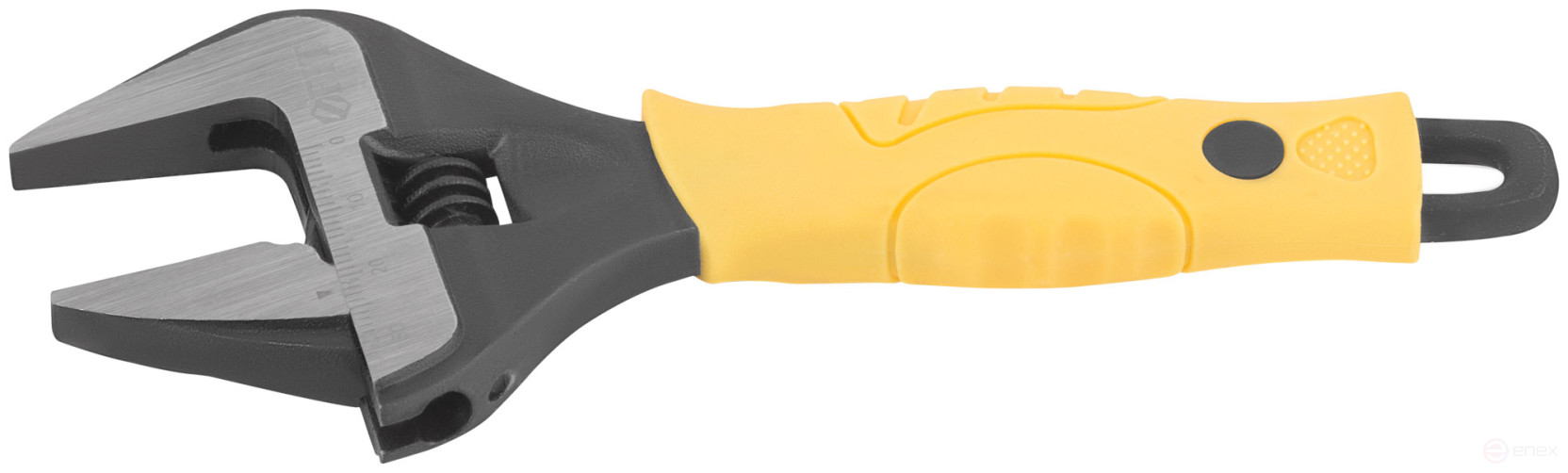 Adjustable key "Etalon", CrV, narrow jaws, scale, extra magnification.gripper, rubberized.handle 150mm (34mm)