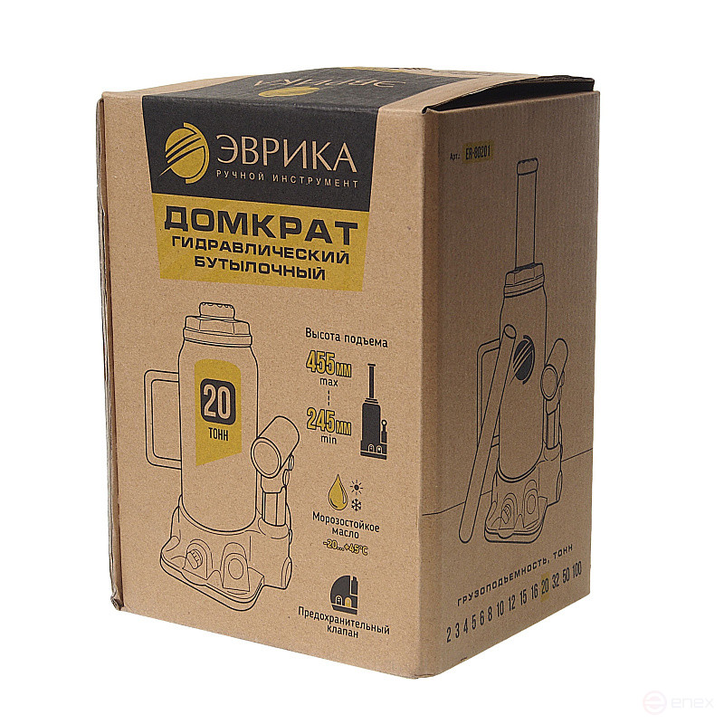 Домкрат гидравлический ER-80201 бутылочный с клапаном 20т, ремкомплект (выс. подъема 245-455мм) ЭВРИКА /1/2