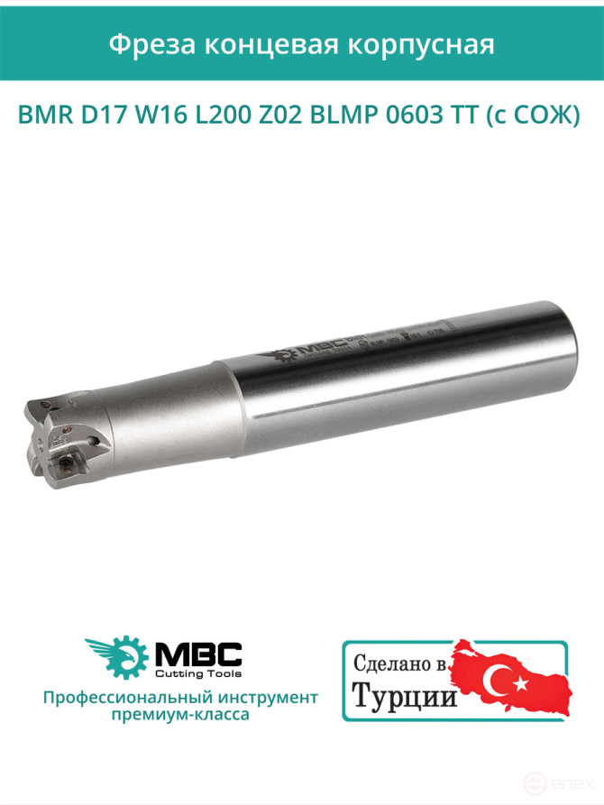 Концевая фреза корпусная 17 мм, 2 зуба, L 200 мм / BMR D17 W16 L200 Z02 BLMP 0603 TT (с СОЖ)