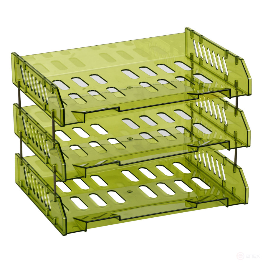 Лоток для бумаг горизонтальный СТАММ "Сити", набор 3шт., на мет. стержнях, широкая загрузка, зеленый лайм